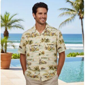 Pierre Cardin Hawaiian Shirt Cotton Palm Trees Button Front Mens Size 2XL